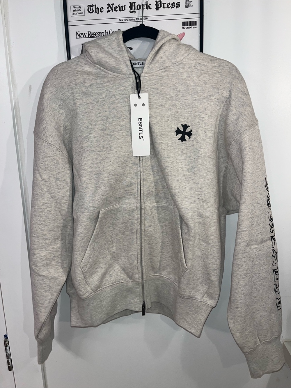 ESNTLS Light Gray Zip-Up Hoodie with Cross Logo